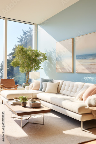 An airy living space with a sky-blue accent wall  a modern beige sectional sofa  and a blank white frame as the centerpiece