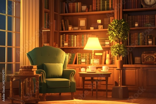 Cozy Reading Corner in a Coffee Shop with Bookshelf, Comfortable Armchair, Steaming Coffee, and Vintage Lamp