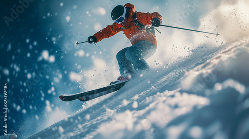 skier in orange jacket skiing down a snowy slope with blue sky in background