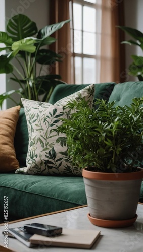 Botanical Accent, Lush Green Plant Potting Near a Comfortable Couch with Pillows