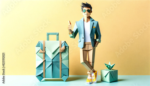 Stylish Traveler with Luggage – Artistic Paper Craft Figure of a Man in Sunglasses and Casual Outfit, Giving Thumbs Up, Standing Next to Suitcase and Small Plant in Minimalist Setting