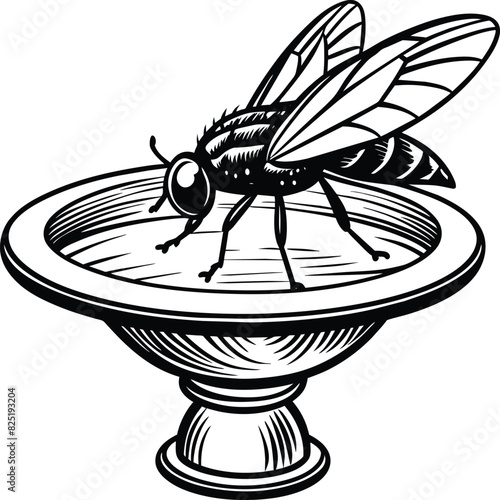 A fly craw linocut. Hand drawn sketch of fly. Retro realistic animal isolated. Vintage style. Doodle