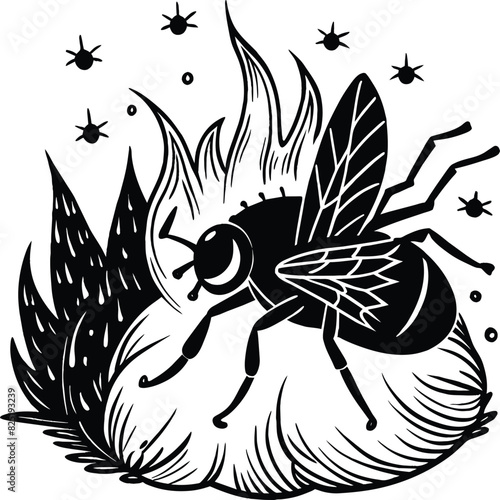 A fly craw linocut. Hand drawn sketch of fly. Retro realistic animal isolated. Vintage style. Doodle