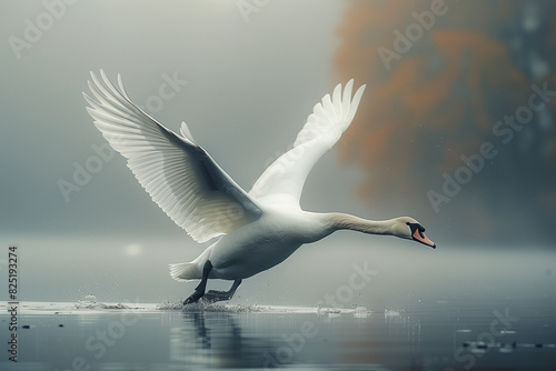 arafed swan flying over water with wings spread out