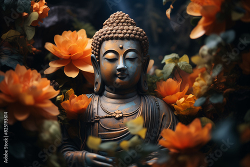 there is a statue of a buddha surrounded by flowers