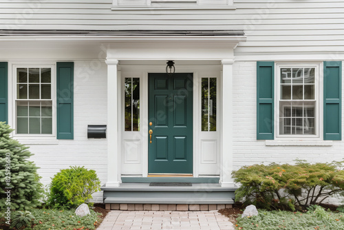 A front door detail of a white brick home with a green front door and shutters, black light fixtures, and a covered porch with white pillars.