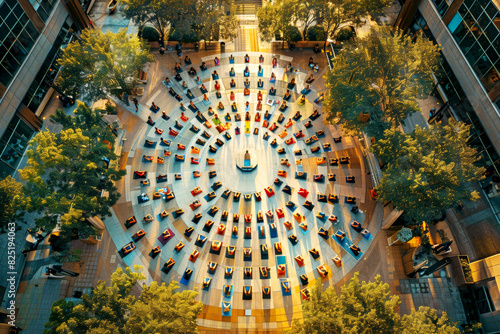 An aerial view of a massive yoga session taking place in a city square. photo