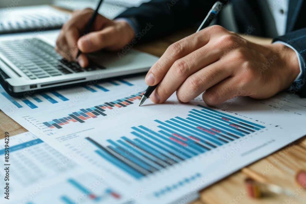 Detailed view of a businessperson analyzing colorful financial graphs with a pen, alongside a laptop Detailed view of a businessperson analyzing colorful financial graphs with a pen, alongside a laptop