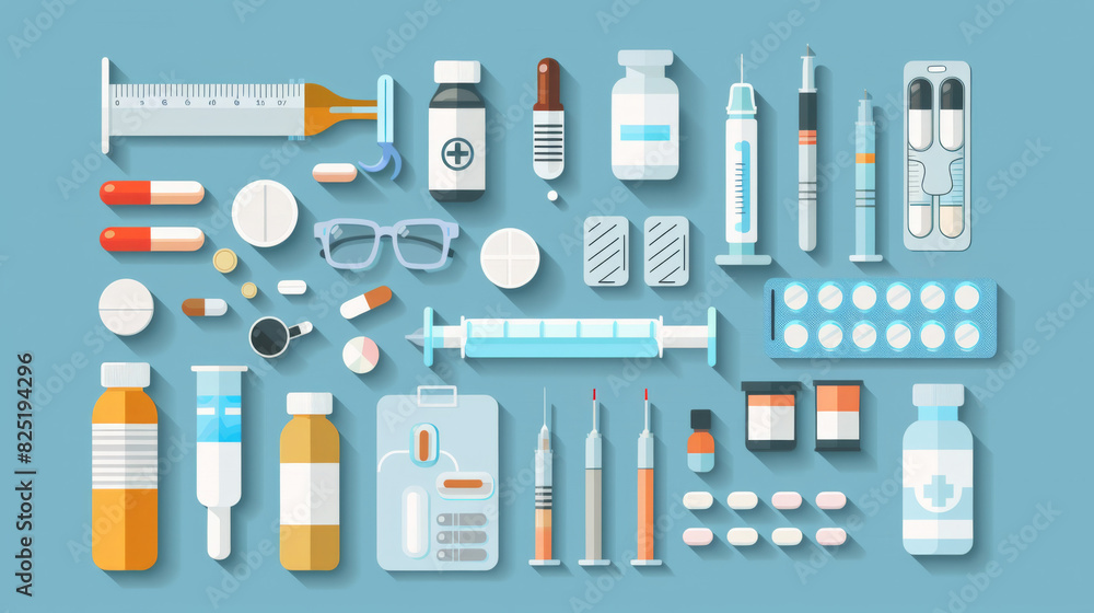 Flat lay of various medical supplies and medication on blue background, including pills, syringes, and bottles.