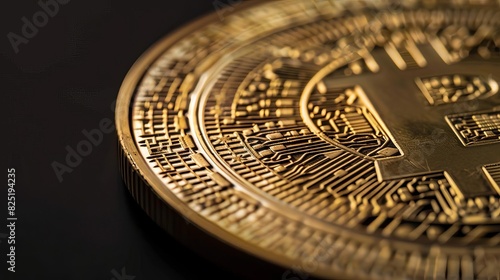 A golden coin with intricate designs inspired by crypto technology and symbols