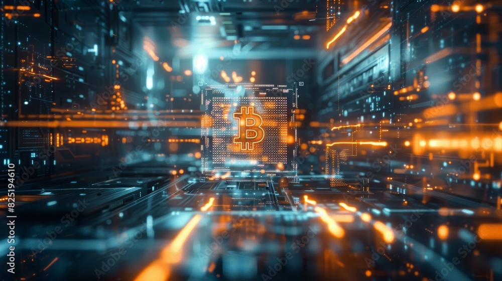 Futuristic Bitcoin Hologram, High-Tech Room with Focused Beams and Digital investment Illustration Futuristic Bitcoin Hologram, High-Tech Room with Focused Beams and Digital investment Illustration