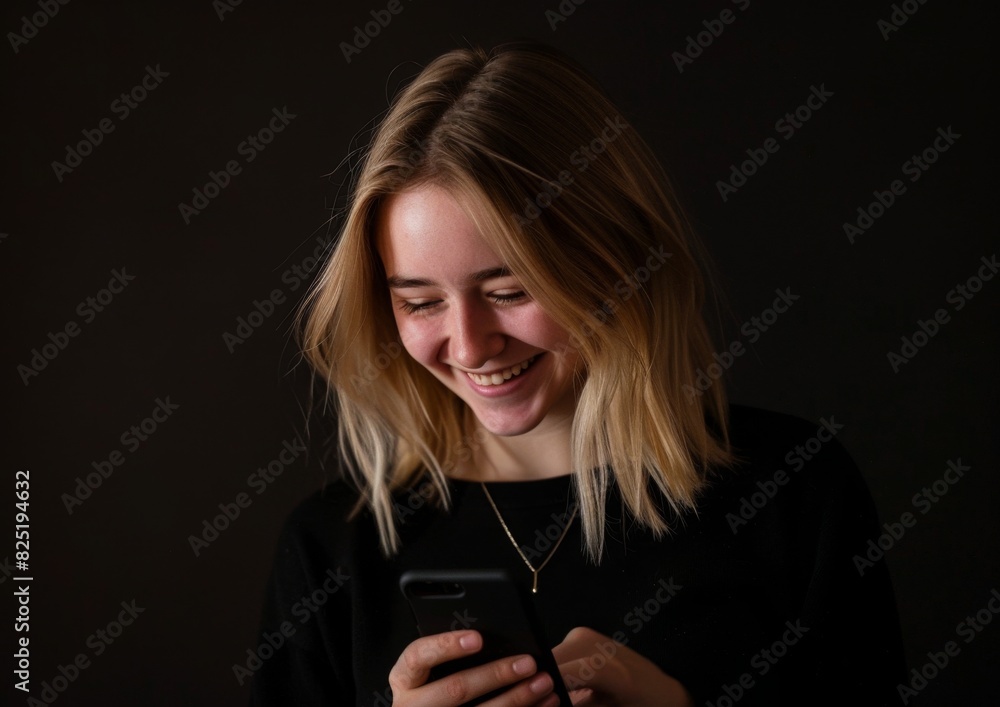 A young woman smiles as she looks at her cell phone, which has a black background, Happy woman using cell phone