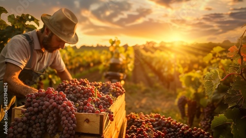 Vineyard worker harvesting ripe grapes in a sunlit vineyard, filling wooden crates ready for winemaking