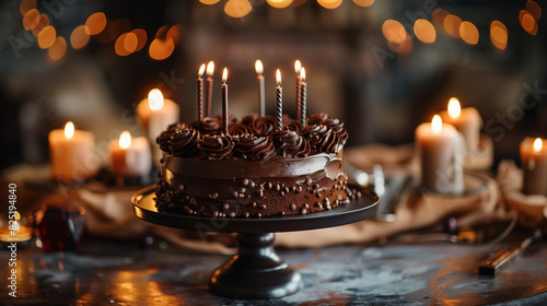 candles are lit on a chocolate cake with chocolate frosting photo