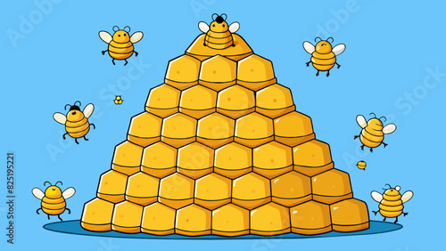 A beehive bringing honey A bustling beehive made of intricately stacked hexagons buzzes with activity as the bees work tirelessly to create delicious. Cartoon Vector.