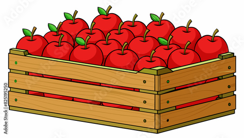 A batch of ripe juicy red apples stacked in a wooden crate at a farmers market. Each apple is uniform in size and has a smooth shiny surface with a. Cartoon Vector.