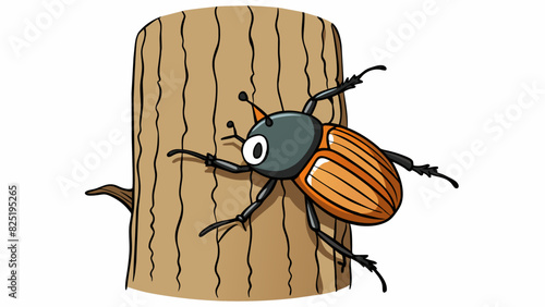 A beetle moves slowly up a tree trunk its tiny legs gripping the rough bark as it crawls. The beetles body is round and shiny with a hard black shell.. Cartoon Vector.