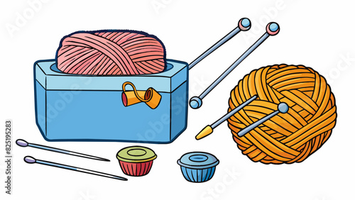 A beginners knitting kit with chunky yarn and large needles designed to be easy for new knitters to use.. Cartoon Vector.