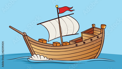 A boat moves gracefully across the water its sails billowing in the wind. The boat is made of wood with a sleek hull and tall masts. The white sails. Cartoon Vector.