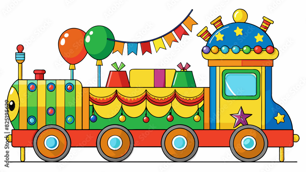 A brightly colored parade float rolls down the street adorned with streamers balloons and posters. The float is shaped like a train and has a large. Cartoon Vector.