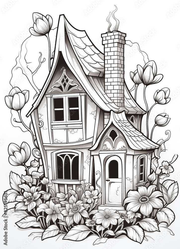 a drawing of a house with a chimney and flowers around it