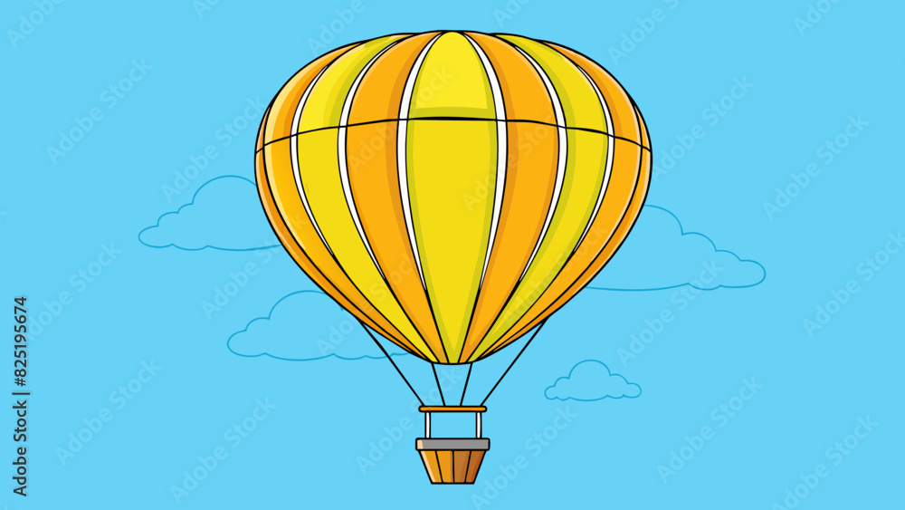 Obraz premium A bright yellow hot air balloon floating high in the sky its colorful stripes and billowing fabric representing countless possibilities. The basket. Cartoon Vector.