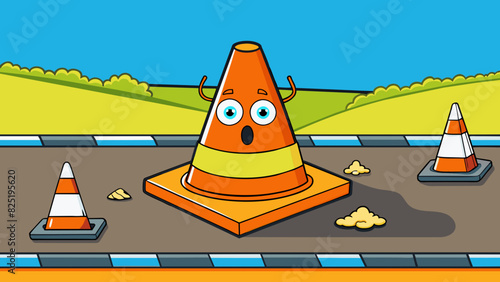 A bright orange safety cone p in front of a pothole on a busy road warning drivers to avoid the area.. Cartoon Vector.