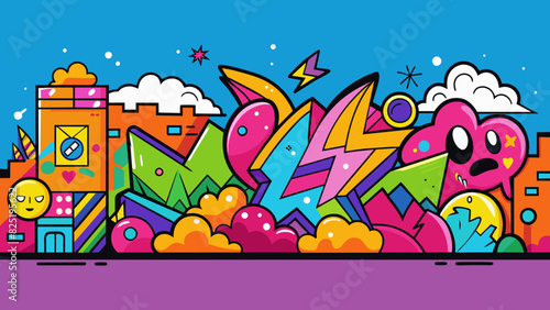 A brightly colored wall covered in intricate graffiti filled with bold shapes and patterns.. Cartoon Vector.