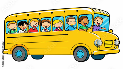 A bright yellow school bus freshly painted and filled with chatter as young students eagerly climb aboard for their first day of class.. Cartoon Vector.