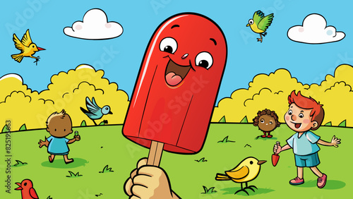 A bright red popsicle dripped down a childs hand as they eagerly licked at the refreshing treat. The scent of freshly grass wafted through the air. Cartoon Vector.