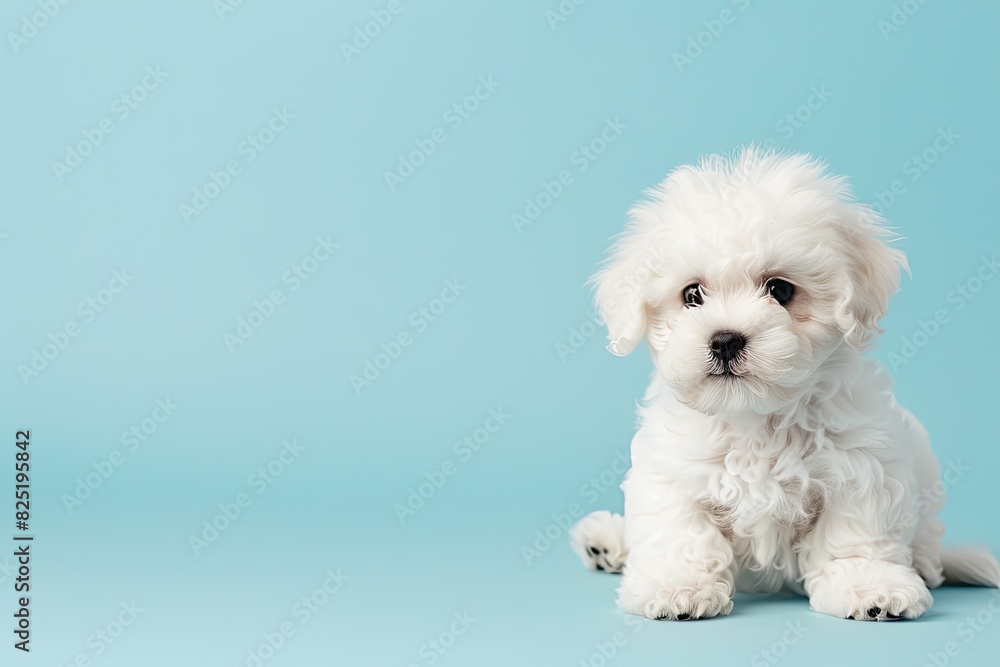 Cute Bichon Frise with a curly coat on a light blue background