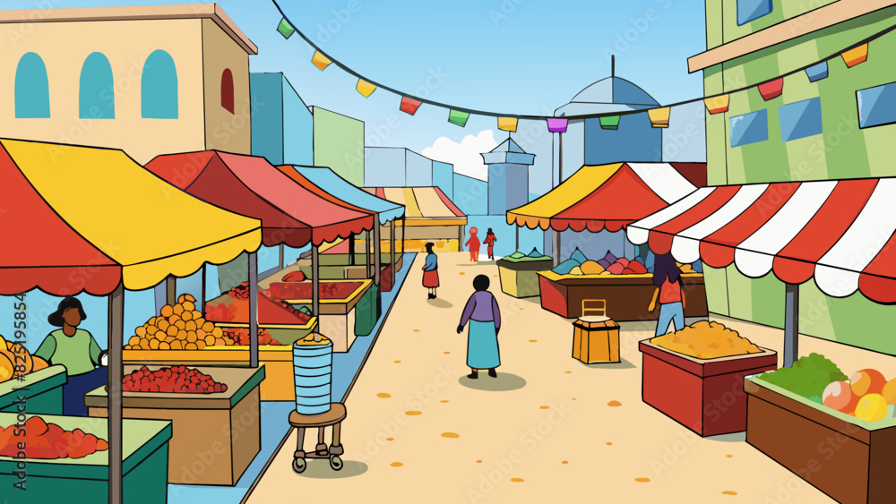 A bustling market square is located near the heart of the city. Colorful tents line the streets selling a variety of goods from handmade jewelry to. Cartoon Vector. A bustling market square is located near the heart of the city. Colorful tents line the streets selling a variety of goods from handmade jewelry to. Cartoon Vector.