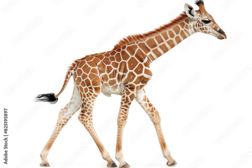 Fototapeta premium Adorable baby giraffe with long legs and neck isolated on white background