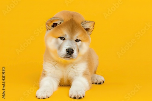 Adorable Akita puppy with a soft expression on a yellow background photo