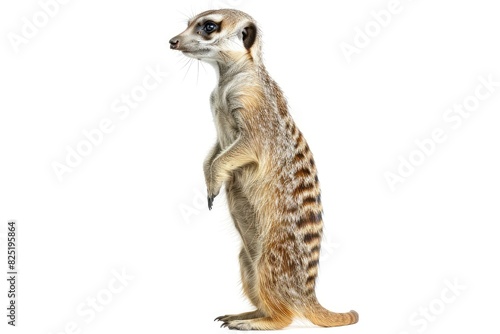Tiny meerkat standing on its hind legs isolated on white background