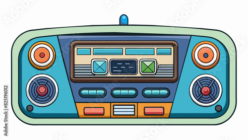 A car dashboard with a digital display and buttons playing music and news broadcasts through the vehicles speakers.. Cartoon Vector.