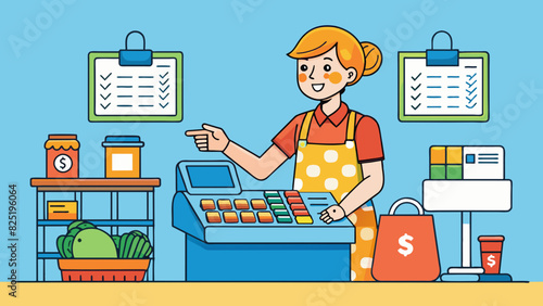 A cashier at a grocery store scanning various items and adding up the prices to get the total amount due.. Cartoon Vector.