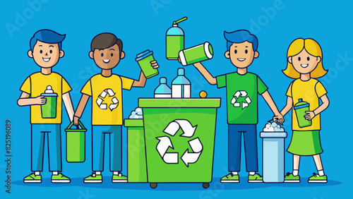 A campaign to promote recycling A group of people working together to collect and sort different types of waste such as plastic bottles paper and. Cartoon Vector.