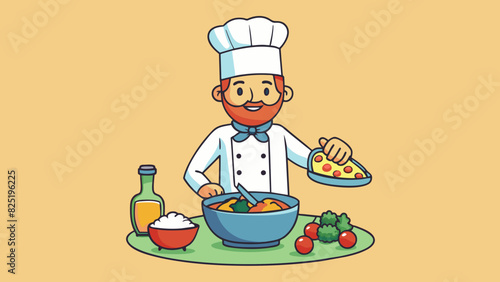 A chef carefully adding ingredients to a dish slowly building up layers of flavor and complexity. With each additional ingredient the dish gains more. Cartoon Vector.