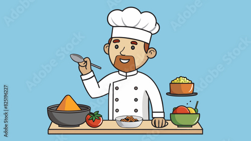 A chef tasting a dish identifying the different flavors and ingredients used. The dish has a balance of sweet and savory flavors with a hint of e and. Cartoon Vector.