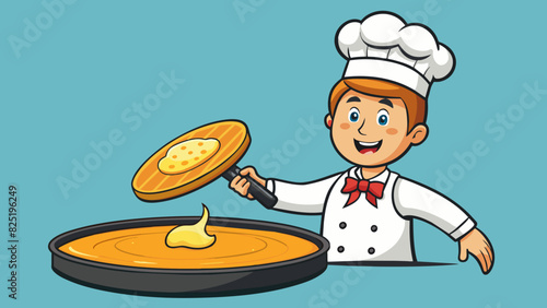 A chef expertly flipping a pancake in a skillet the edges of the pancake golden brown and crispy. The pancake is perfectly round and fluffy with small. Cartoon Vector.