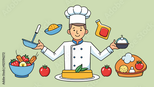 A chef preparing a dish effortlessly juggling multiple ingredients and cooking techniques to create a beautifully plated and flavorful meal.. Cartoon Vector.
