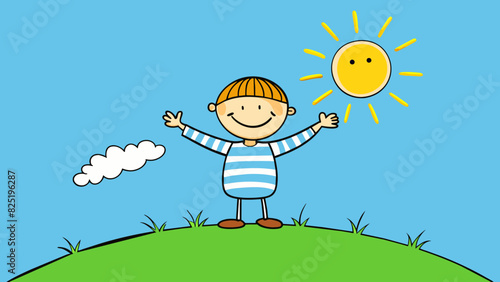 A child drawing a stick figure with a big smile and outstretched arms. The figure is wearing a striped shirt and standing on top of a thick green. Cartoon Vector.