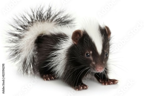 Cute baby skunk with a fluffy tail isolated on white background