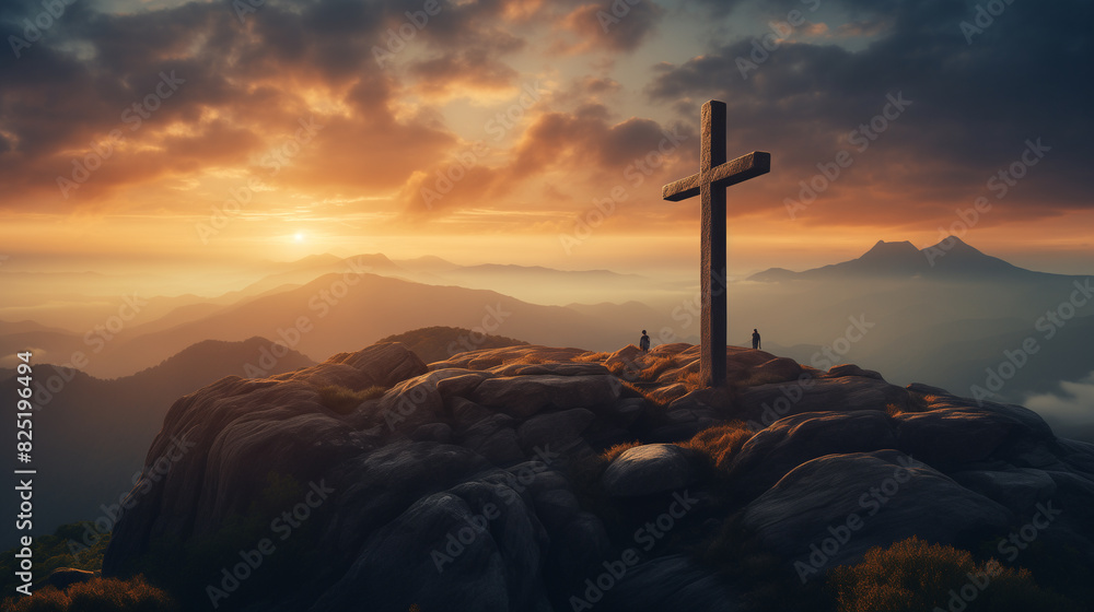 there is a cross on a mountain with a sunset in the background