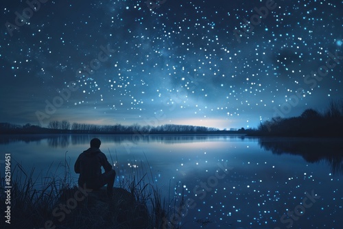 A man is sitting on a rock by a lake at night © Nico