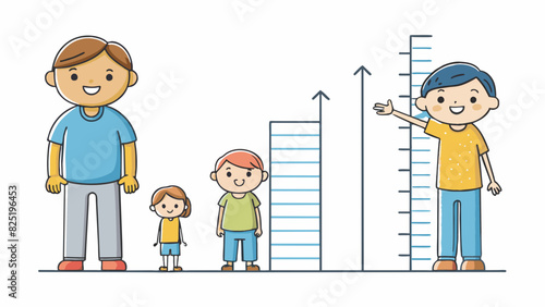 A childs height chart shows gradual progress over the years marking each new inch with a simple pencil line. With each measurement the child marvels. Cartoon Vector.