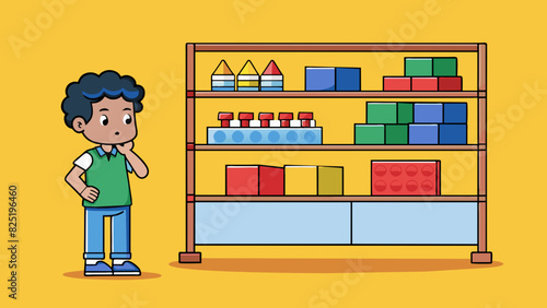 A child stood in front of a rack of toys at the store carefully considering their options. They finally decided on a brightly colored building block. Cartoon Vector.