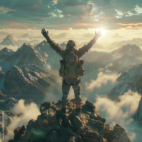 there is a man standing on a mountain with his arms raised photo