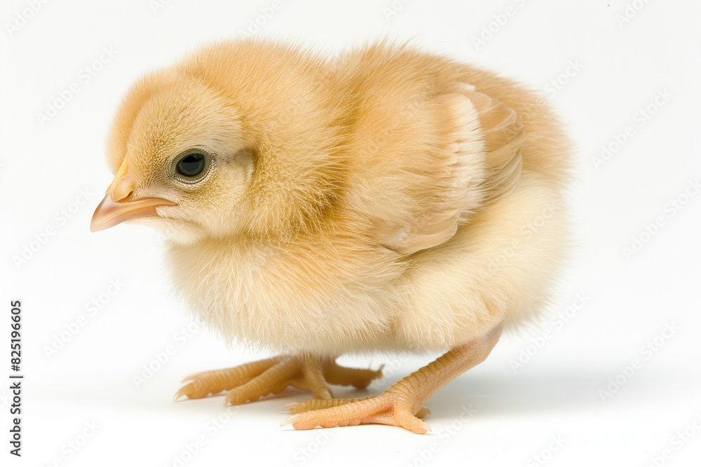 Fluffy baby chick pecking at the ground isolated on white background Fluffy baby chick pecking at the ground isolated on white background